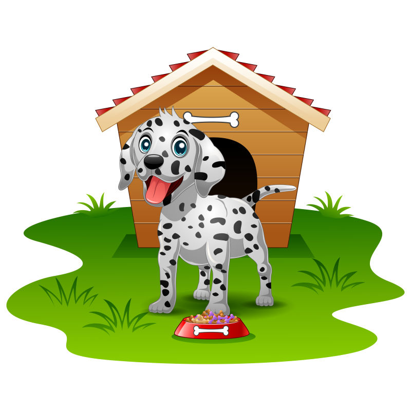 矢量设计在狗窝前啃骨头的狗狗