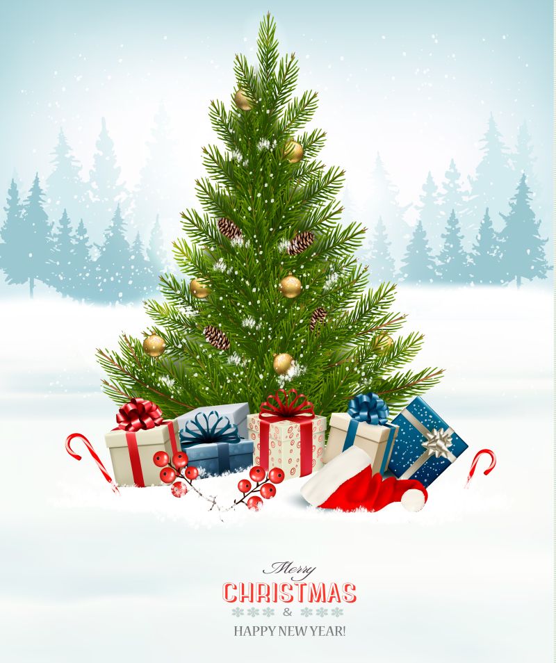 创意圣诞树和圣诞礼物矢量插图
