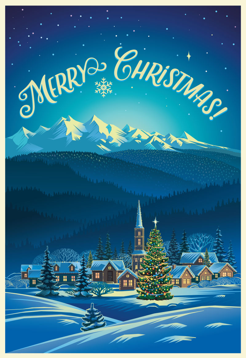 圣诞夜晚下的风景矢量