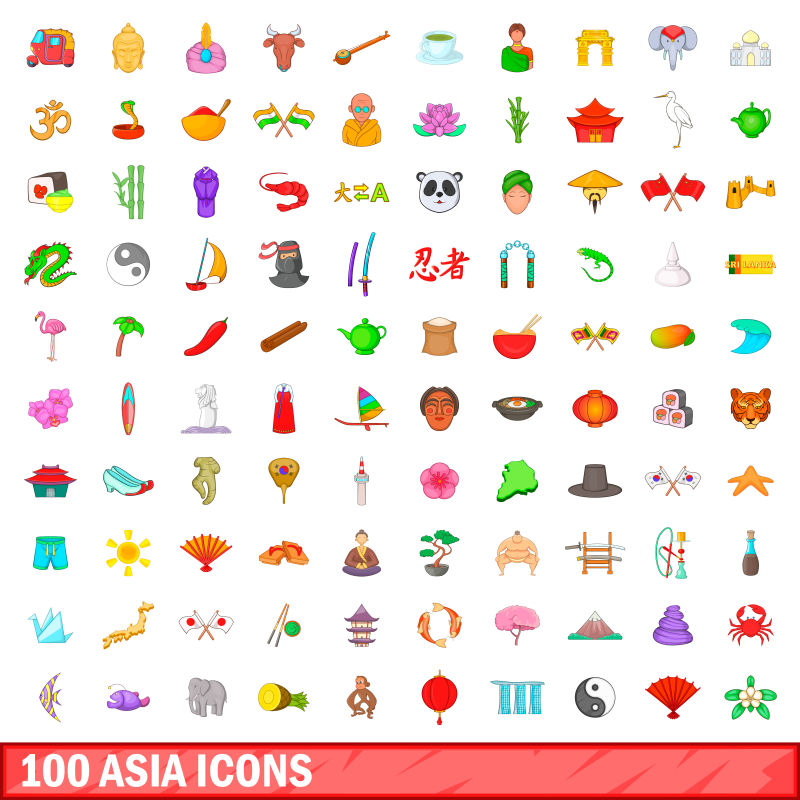 100个多彩卡通亚洲元素矢量图标