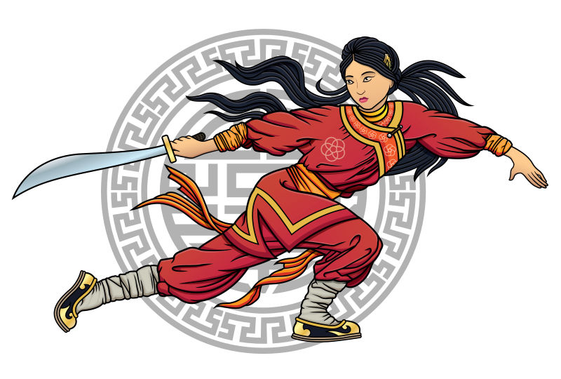 正在练剑的女侠矢量插图