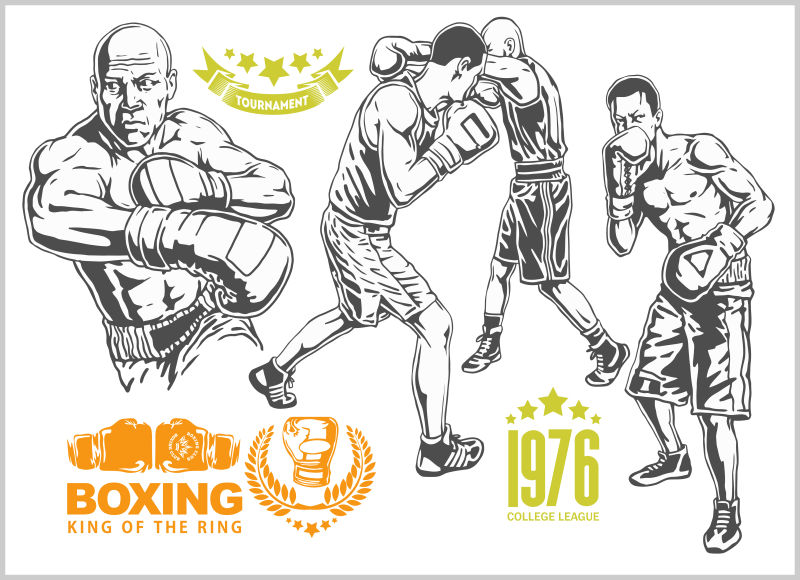 两个拳击手之间加上老式拳击徽章的比赛矢量插图