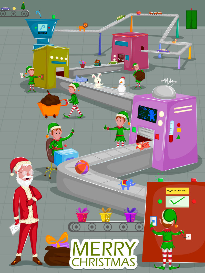 圣诞老人和可爱的精灵场景矢量插图