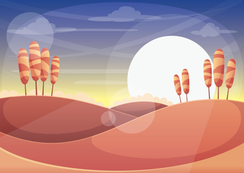 卡通日落景观矢量壁纸