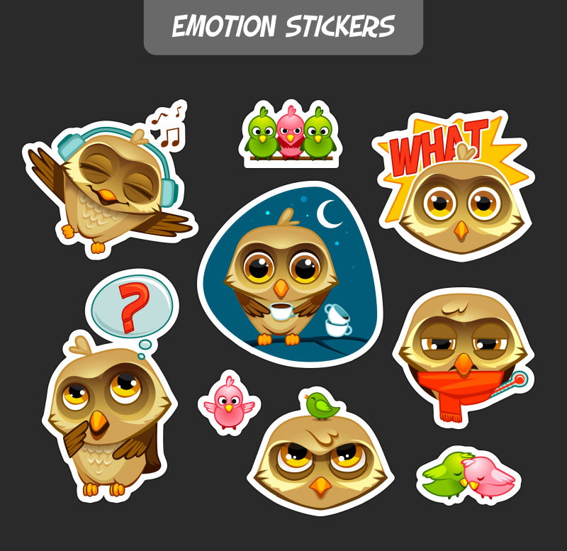 可爱的卡通猫头鹰贴纸矢量图