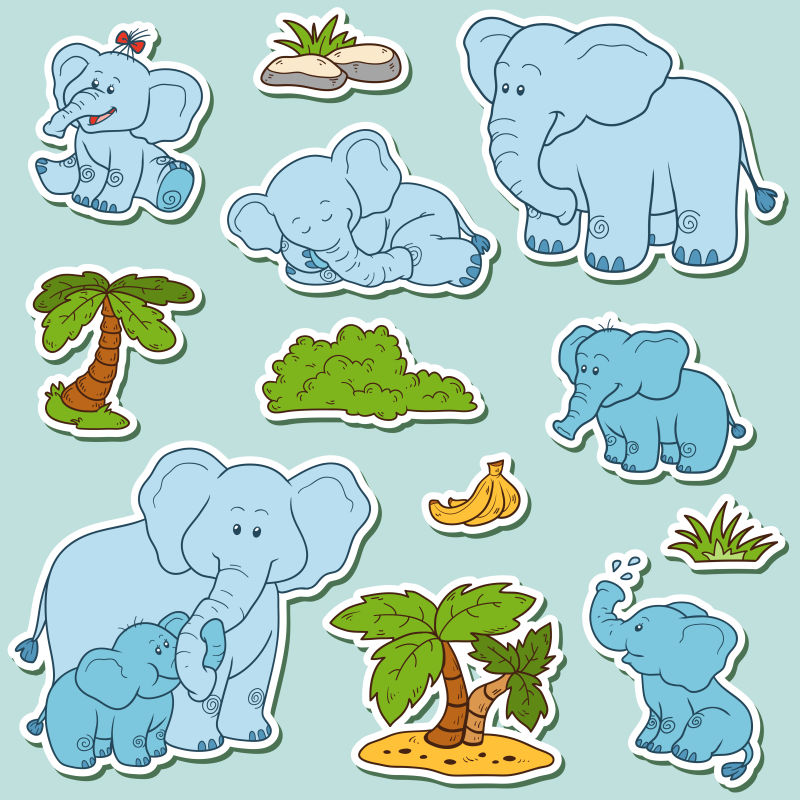 可爱的大象家族贴纸矢量图