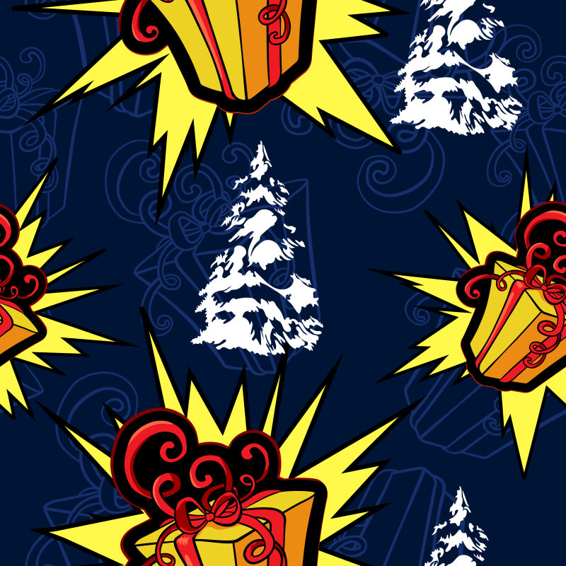 画着白色圣诞树的矢量礼物盒背景