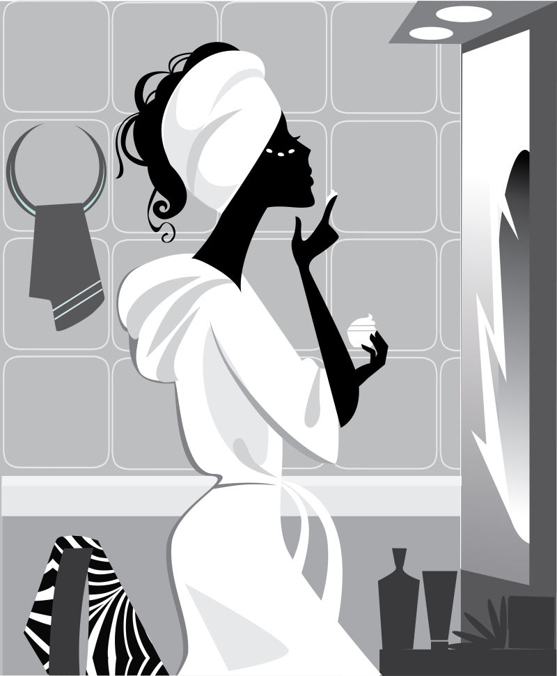 照着镜子化妆的美女矢量插图