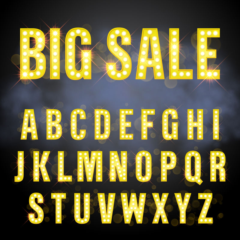 金色英文灯泡字母招牌设计矢量