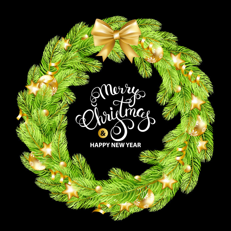 矢量绿色圣诞节球形装饰品和圣诞树枝组成的花环