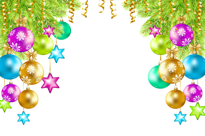 矢量圣诞树枝前的彩色球形装饰品和金色丝带