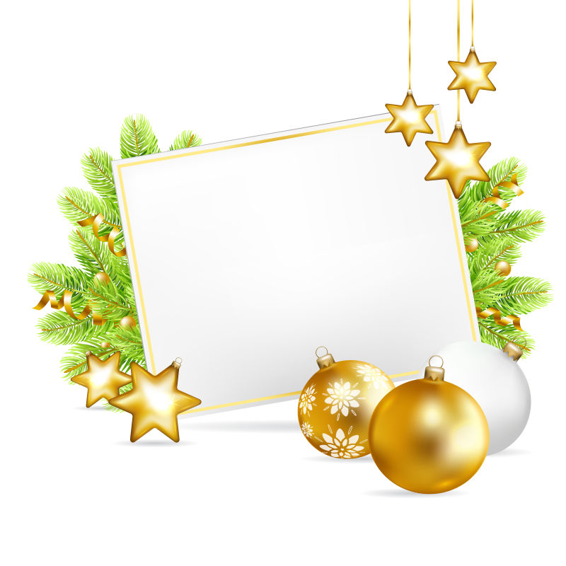 矢量圣诞树枝前的空白纸板和金色装饰球
