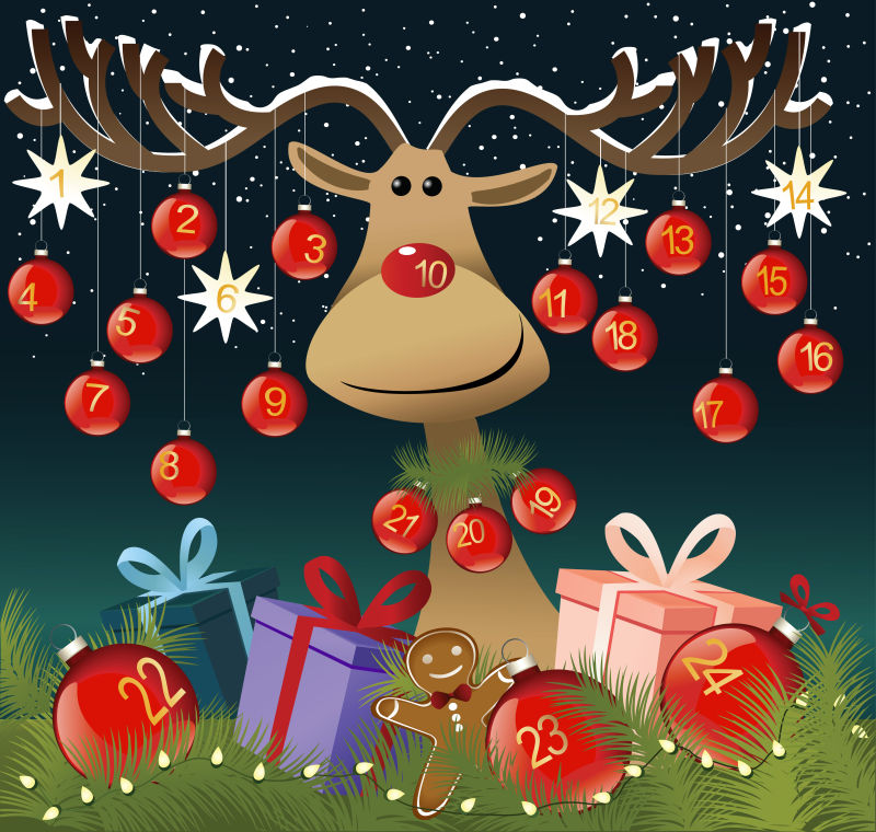 角上挂着红色小球的麋鹿矢量插图