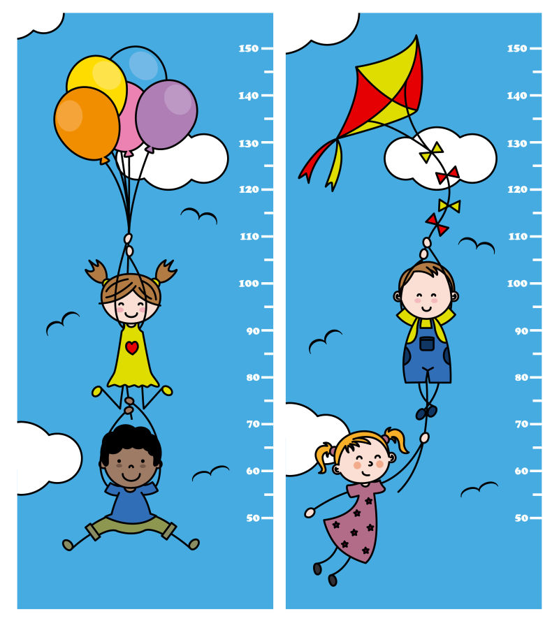 抱着气球和风筝的孩子们的矢量卡通尺