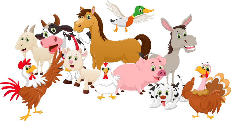抽象矢量卡通可爱的农场动物插图