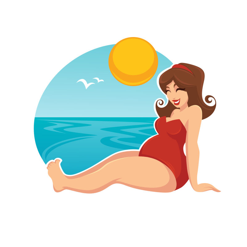 创意矢量可爱的海边度假的孕妇插图