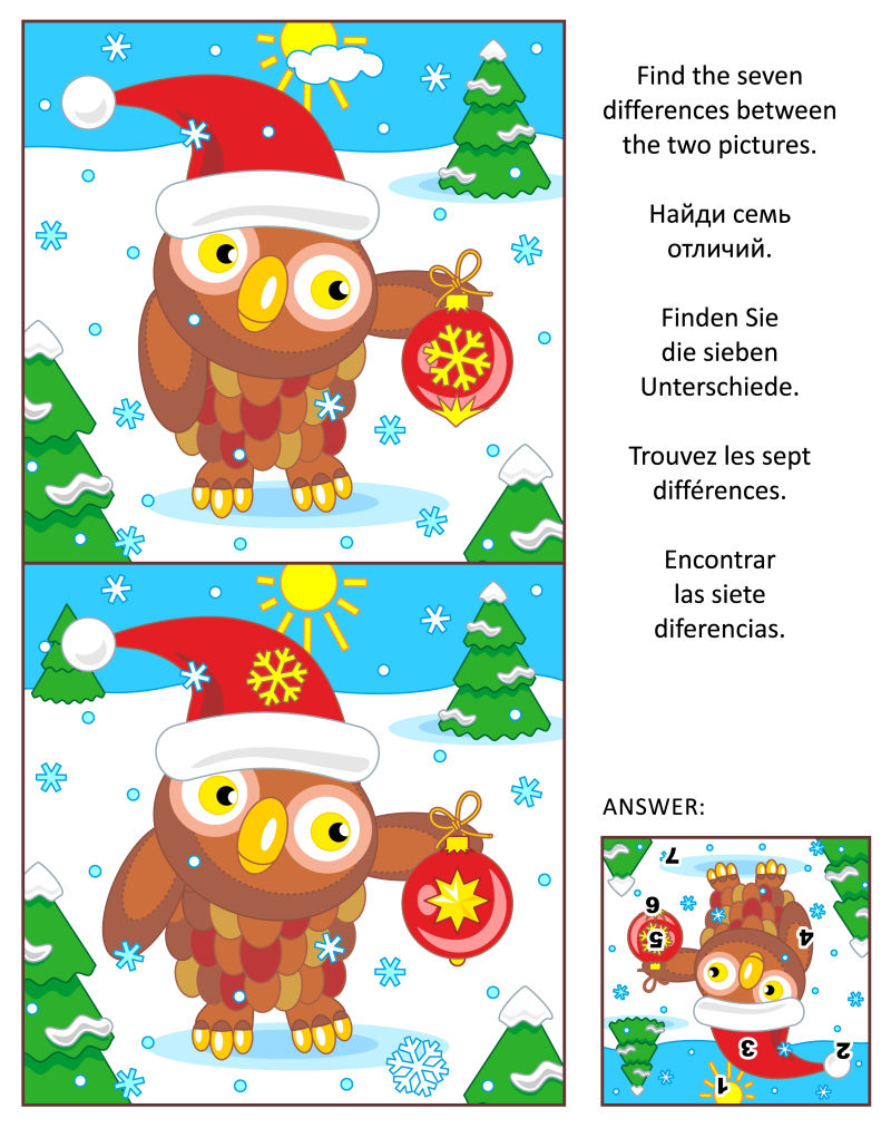 矢量猫头鹰戴圣诞帽的七个区别