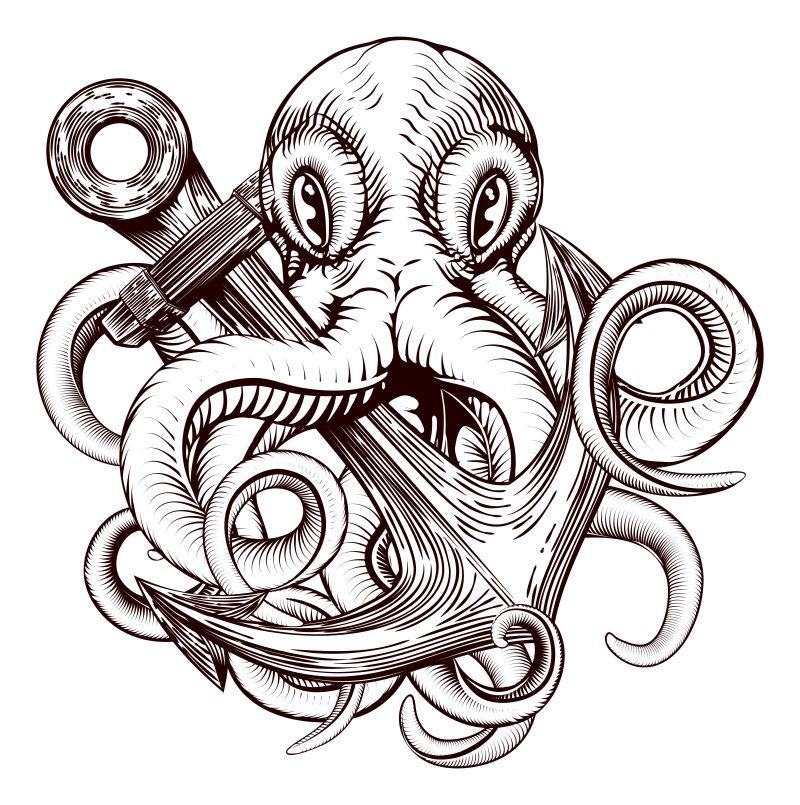 矢量章鱼持锚纹身