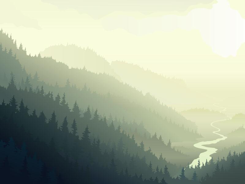 河流与野生针叶林全景矢量图