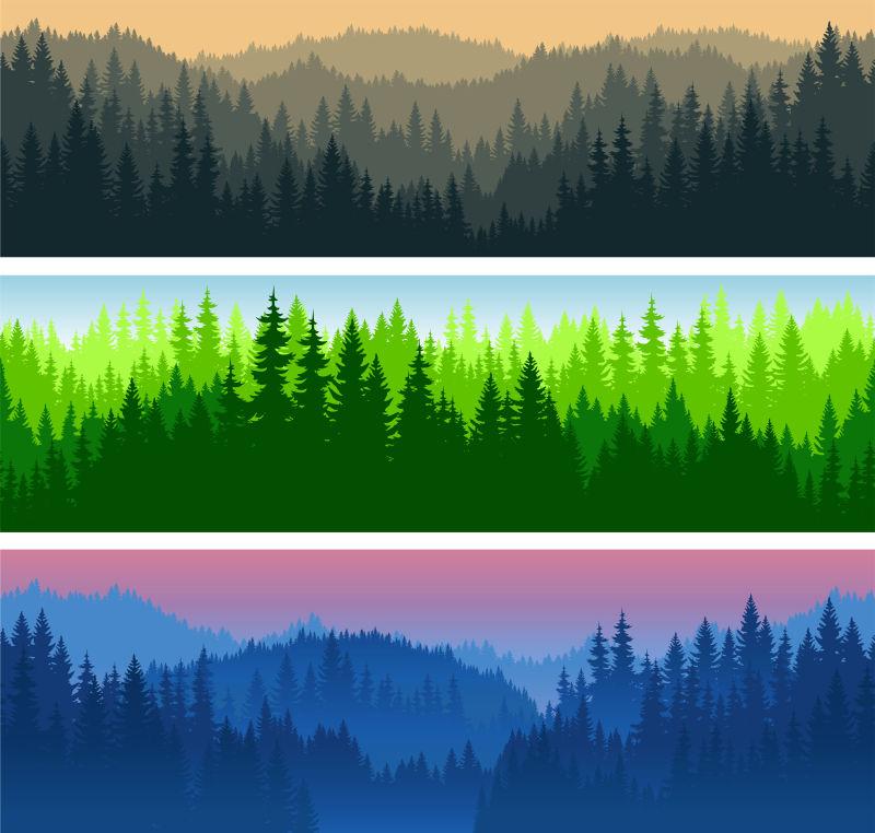 不同时间的森林全景矢量图