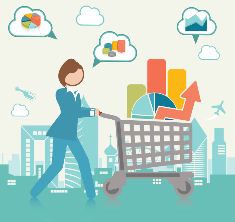 年轻女性推着购物车矢量