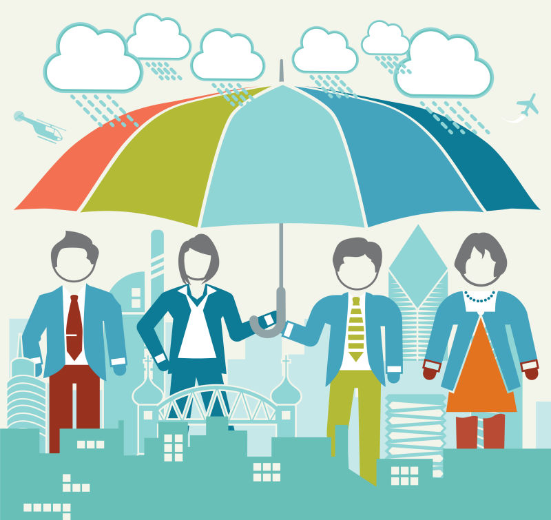 雨天合作打伞的团队矢量图