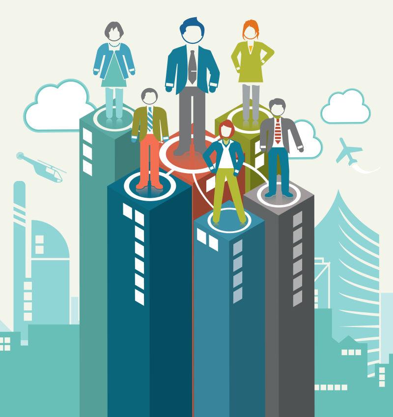 一起站在商厦顶端的团队矢量图