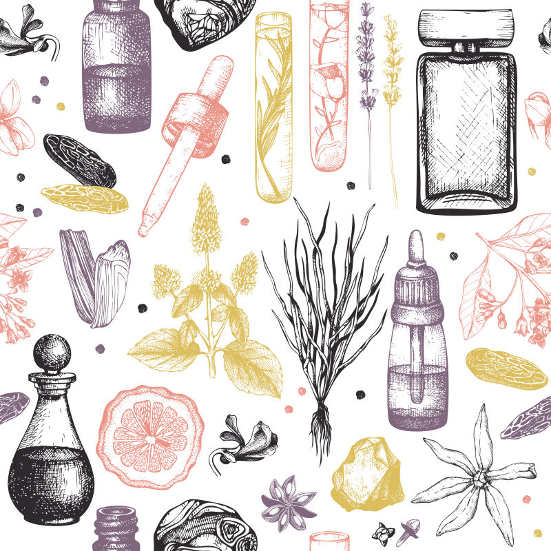 手绘化妆品成分配料的矢量插图