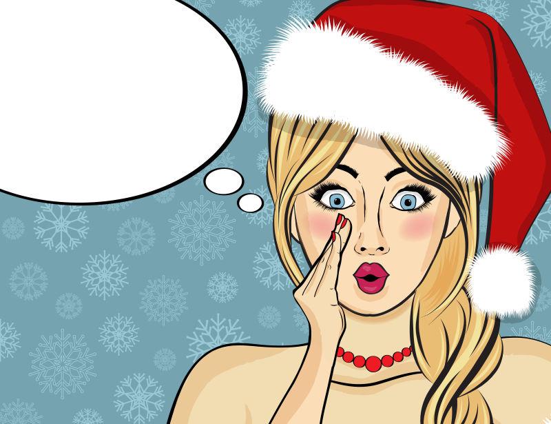 带有对话框的带着圣诞帽的卡通美女矢量