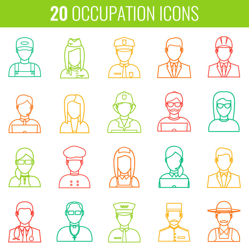 不同职业的简笔人物图标设计矢量插图