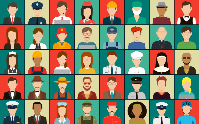不同职业的彩色卡通平面人物图标矢量插图