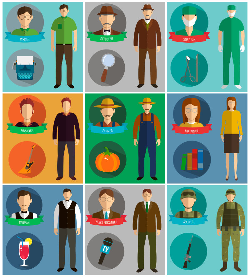 不同职业的彩色卡通人物矢量图标