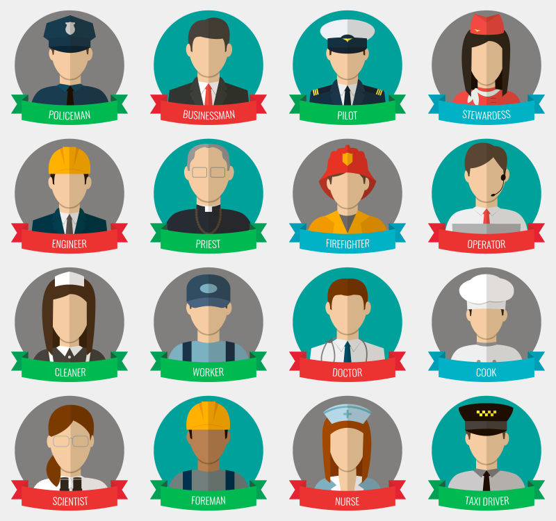 不同职业的人物平面图标矢量