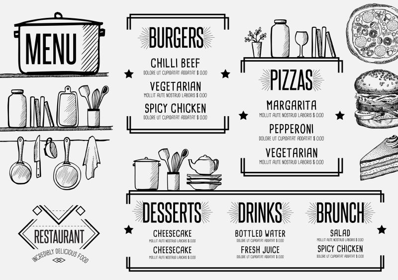 黑白简约餐厅菜单矢量设计图