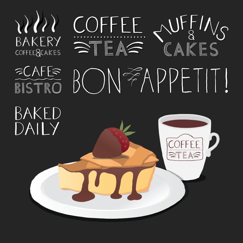 咖啡和有巧克力的蛋糕矢量插图