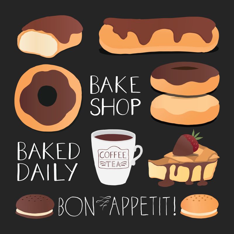 蛋糕和其他巧克力食品矢量插图