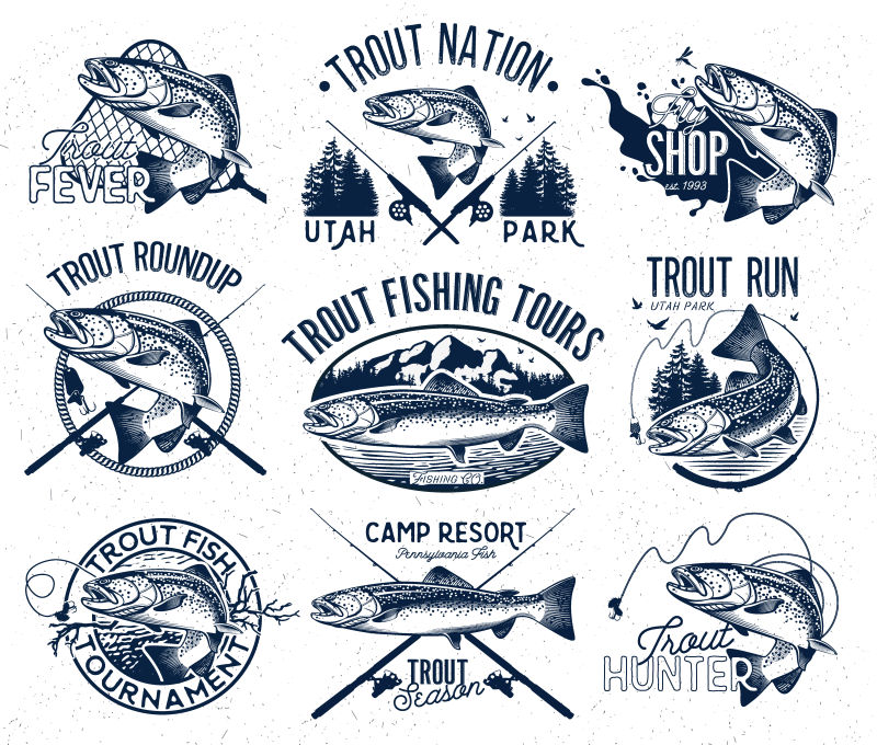 创意老式钓鱼概念矢量标志设计