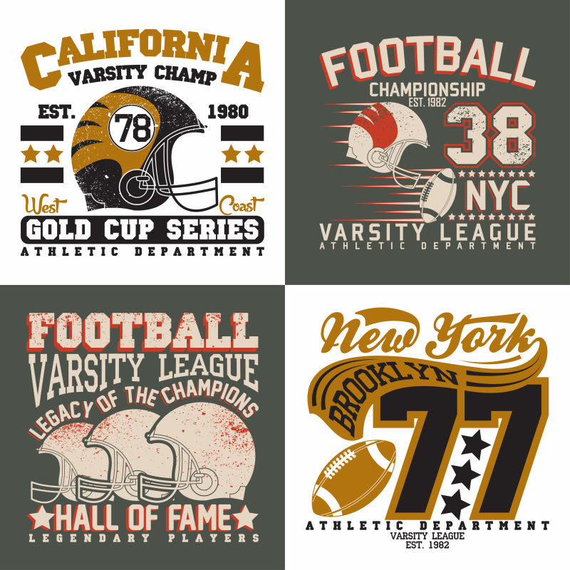 矢量彩色橄榄球头盔和英文字母T恤衫印花设计