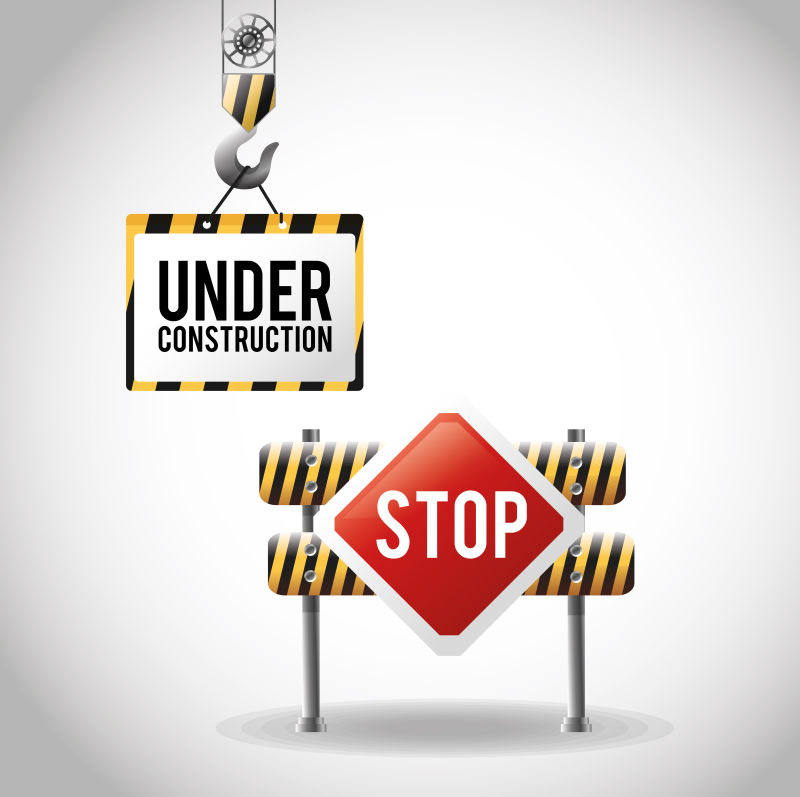 障碍起重机和停止道路标志图标矢量设计