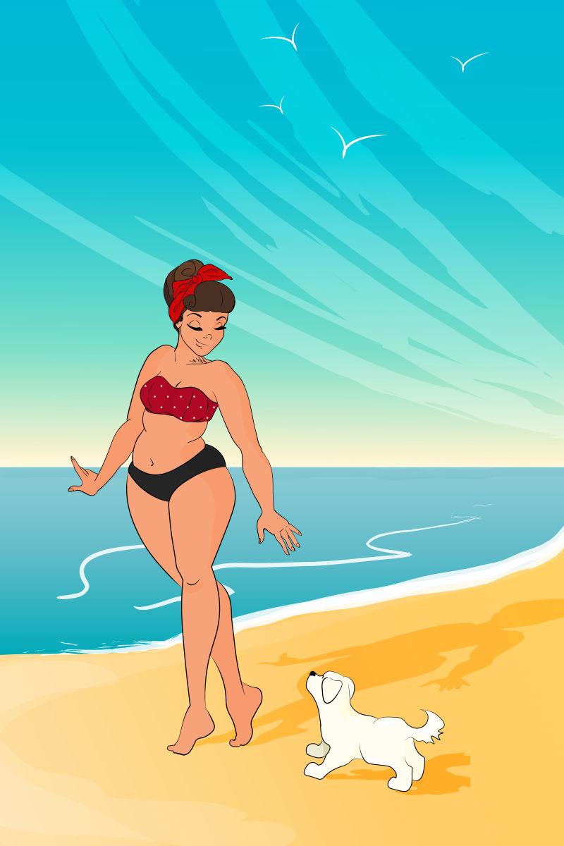 矢量穿着比基尼的女孩与小狗