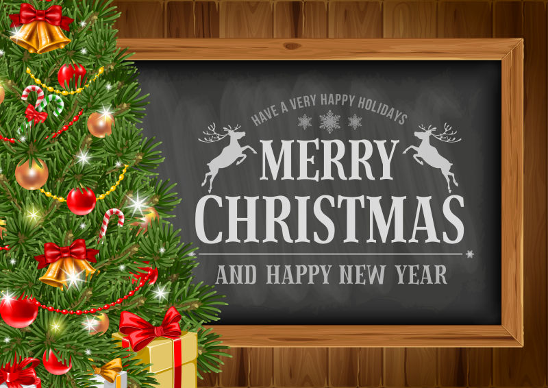 黑板和圣诞树装饰矢量图