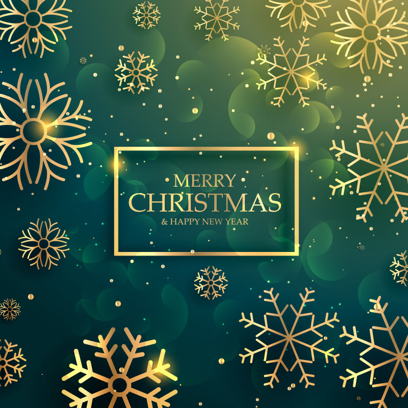 金黄色雪花装饰的圣诞快乐贺卡矢量图