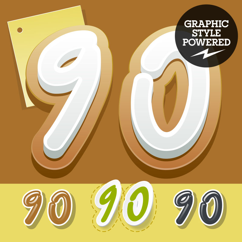 手写美味字数字90奶油甜点矢量