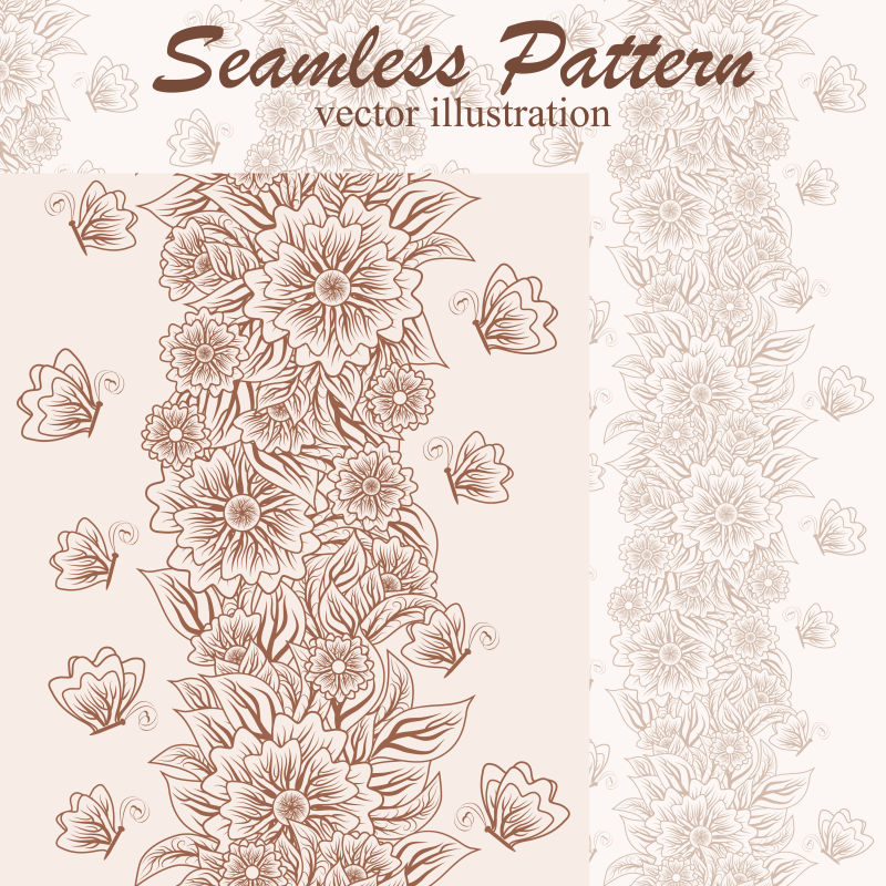 老式花卉无缝模式与蝴蝶矢量插图