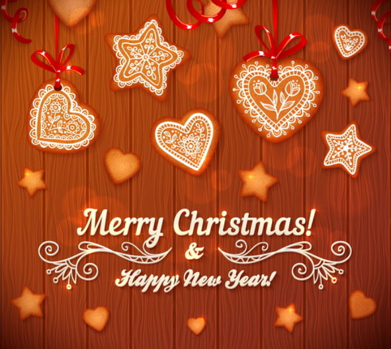 木制背景下圣诞姜饼明星和心形矢量贺卡