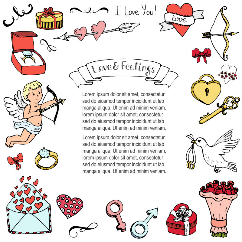 抽象爱情相关元素的矢量请帖设计