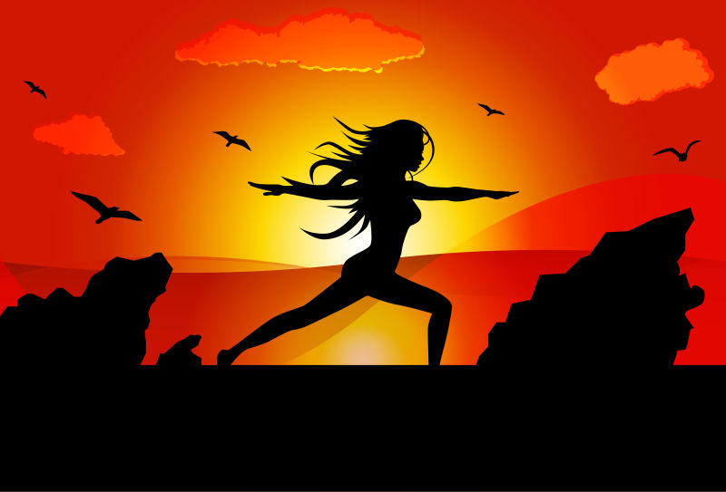 在日落下瑜伽的女人剪影矢量