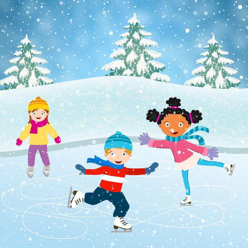 滑冰儿童矢量冬季场景