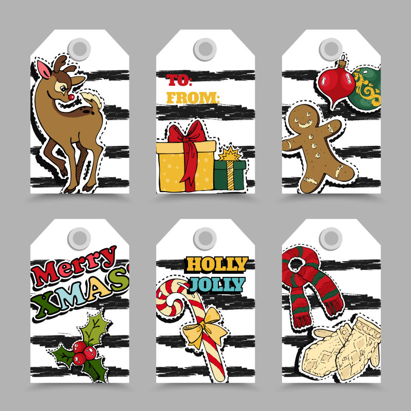 可爱的卡通圣诞标签设计矢量插图
