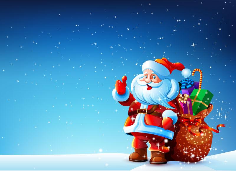 矢量设计拿着一袋礼物露出手指的圣诞老人